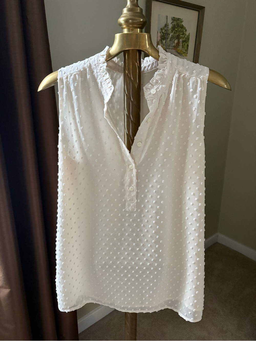 J. Crew White Sleeveless Swiss Dot Ruffle-Trim Blouse